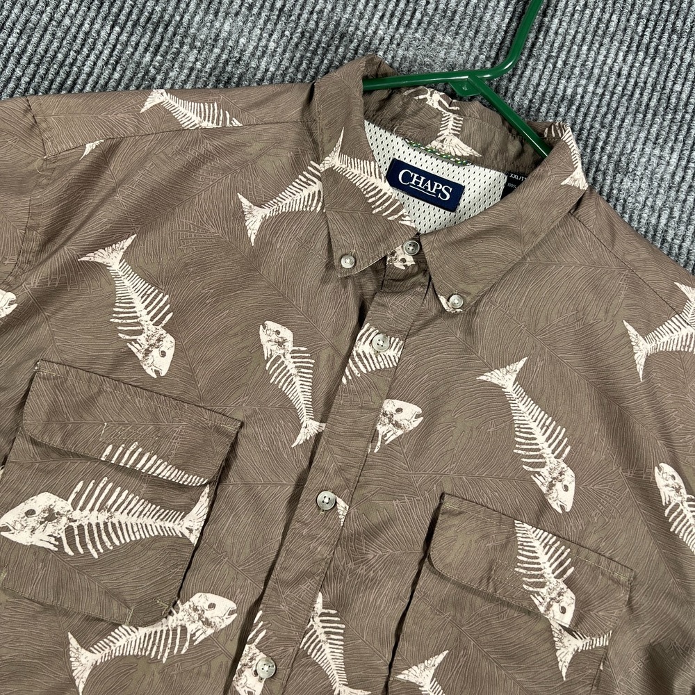 Chaps Performance‎ Shirt Mens 2XL XXL Brown Geometric Short Sleeve Button Down